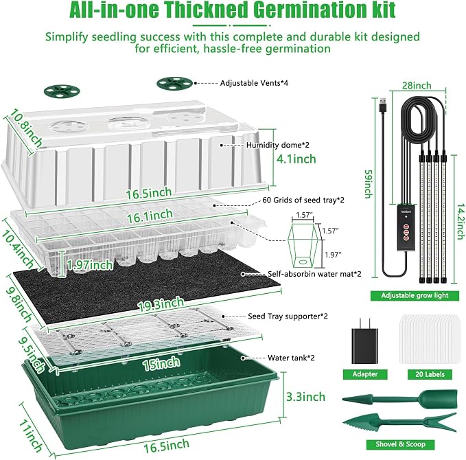 2 Set 120-Cell Seed Starter Tray with Grow Light, Self-Watering Seed Starter Kit with Humidity Dome, Adjustable Brightness Timed Seedling Starter Plant Germination Trays Indoor