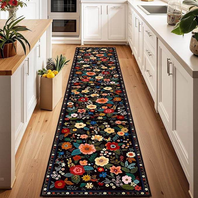 Floral Washable 2x6 Area Rugs Runner Entryway Hallway Black | Flower Carpet, Print, Boho, Non-Slip, Easy to Clean, Low Pile, Soft, for Living Room Bedroom Kitchen Office Entrance