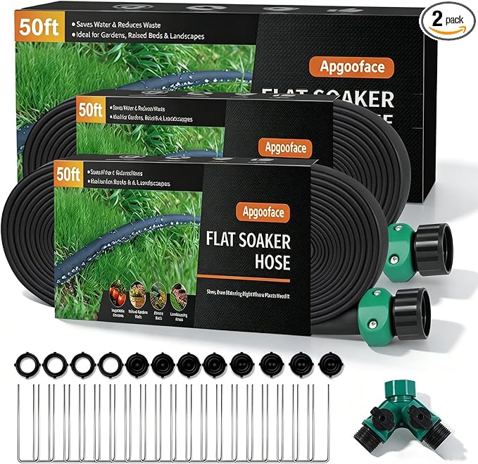 Flat Soaker Hose 50 ft 2-Pack with Splitter, 80% Water-Saving Drip Irrigation Hose 100 ft, Linkable DIY Garden Soaker Hose System for Garden Beds, Lawn, Vegetables & Trees (50ft 2-pack)