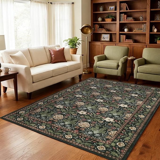 GarveeHome Green Washable Area Rug 5x7, Retro Floral Low Pile Non Slip Living Room Rug Soft Cottage Core Rug Farmhouse Indoor Carpet for Bedroom Dining Room Playroom