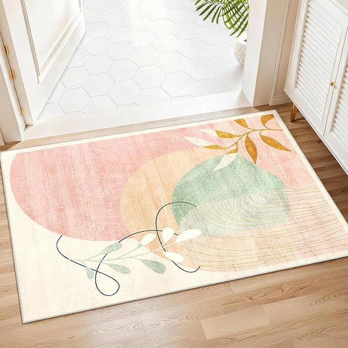 2x3 Washable Rug Small Area Rugs Non Slip Mid Century Modern | Throw Carpet for Bathroom Entryway Entry Entrance Bedroom Bedside Floor Indoor Boho Abstract Retro Geometric Pink