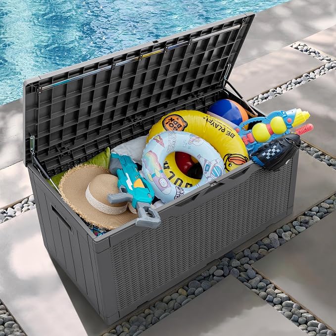 Greesum 100 Gallon Resin Patio Storage Box for Garden Tools, Outdoor Furniture Cushions, Pool Supplies, Gray