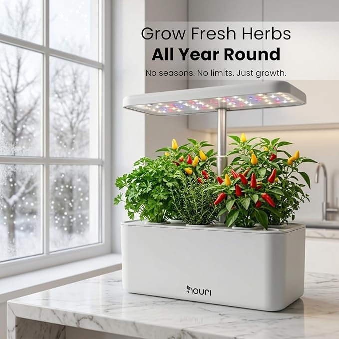 Nouri Hydroponics Growing System, 7 pod Smart Indoor Herb Garden Kit with LED Grow Lights, Hydroponic Herb Garden Indoor for Plant Lovers, Gardeners, Kitchen, Basil Seeds Included