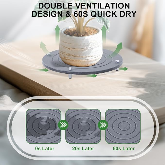 2Pcs 10 Inch Plant Saucers for Indoors, Instant Dry Diatomaceous Earth Plant Saucer, Plant Trays for Pots with Stainless Steel Feet, Plant Water Catcher Tray, Gray