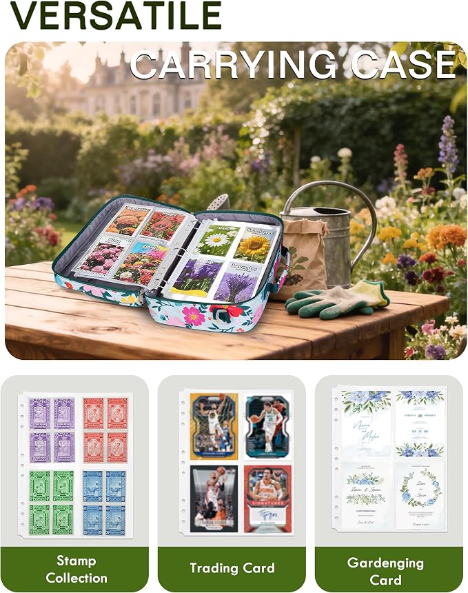Seed Storage Organizer Binder with 20 Reusable Seed Envelopes | 30 Sheet Protectors Holds 120 Packets Envelopes, 1.5-Inch 3-Ring Binder, Handle & Adjustable Shoulder Strap,Ideal for Garden