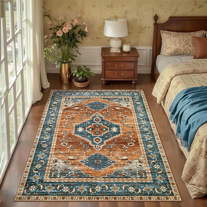 Tangsoo Oriental 3x5 Washable Area Rugs, Boho Non Slip Accent Rug | Vintage Indoor Print Carpet, Boho Soft Low Pile Rug for Living Room Dining Bedroom Bedside Entryway Orange Blue Home Decor