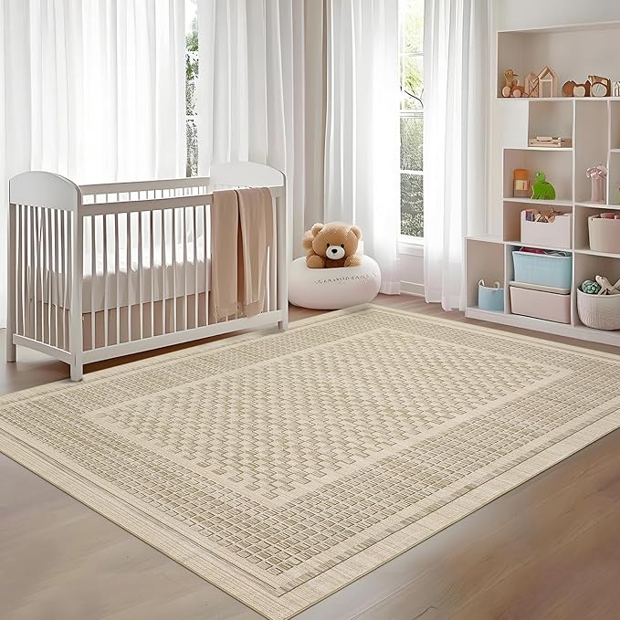 GarveeHome Washable Rug 9x12 Area Rug for Living Room Modern Bedroom Rug Beige Large Area Rug Non Slip Throw Rugs Soft Low Pile Stain Resistant Carpet for Dorm Nursery Dining Room 9 ft x12 ft