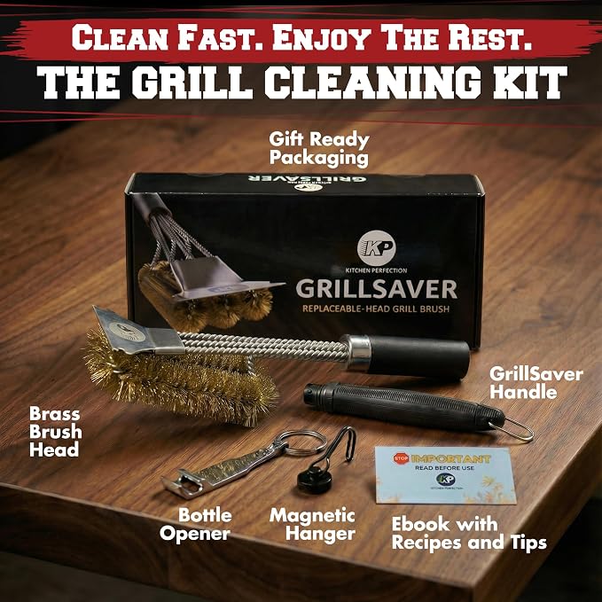 Kitchen Perfection Brass BBQ Grill Cleaning Brush and Scraper -GrillSaver | Safe Brass Wire Bristles for Porcelain & Ceramic Grates, Replaceable Head, Magnetic Hanger, Bottle Opener & 3 Ebooks