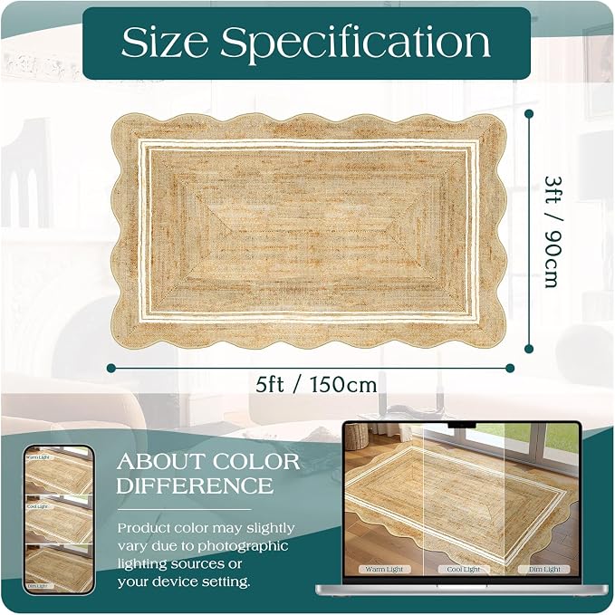 3x5 Entryway Rug - Small Washable Front Door Mat Outside Entrance | Non-Slip Indoor Outdoor Mats for Front Door Jute-Look Neutral Porch Rug Scalloped Rugs for Entryway Kitchen Mudroom Decor
