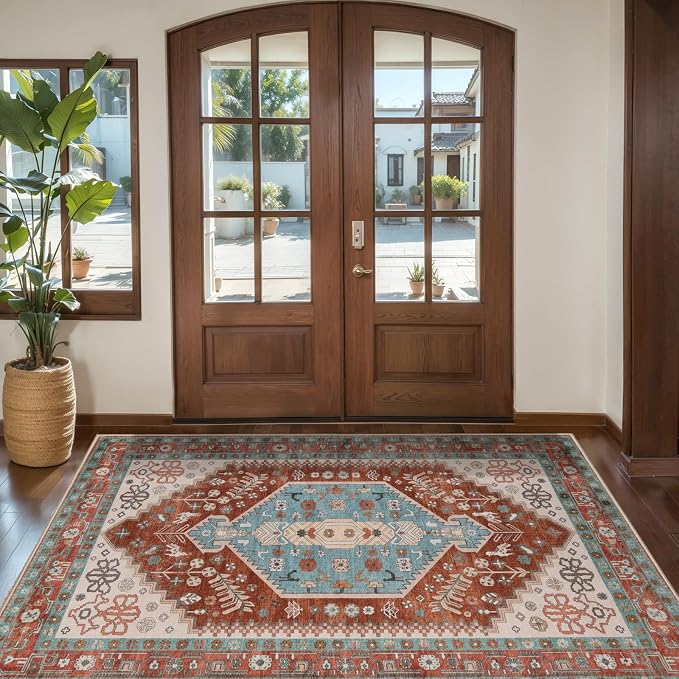 Ciicool Washable 3x5 Area Rug,Boho Non-Slip Indoor Mat for Entryway Kitchen | Oriental Low-Pile Soft Vintage Boho Indoor Entry Carpet for Bedroom Bedside Living Room Laundry Dining Room