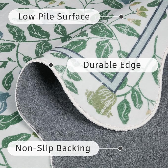 DCX Washable Botanical Floral 5x5 Roung Rug, Blue and Green Scalloped Rug, Non Slip Low Pile Carpet for Bedroom, Living Room, Kid & Pet Friendly