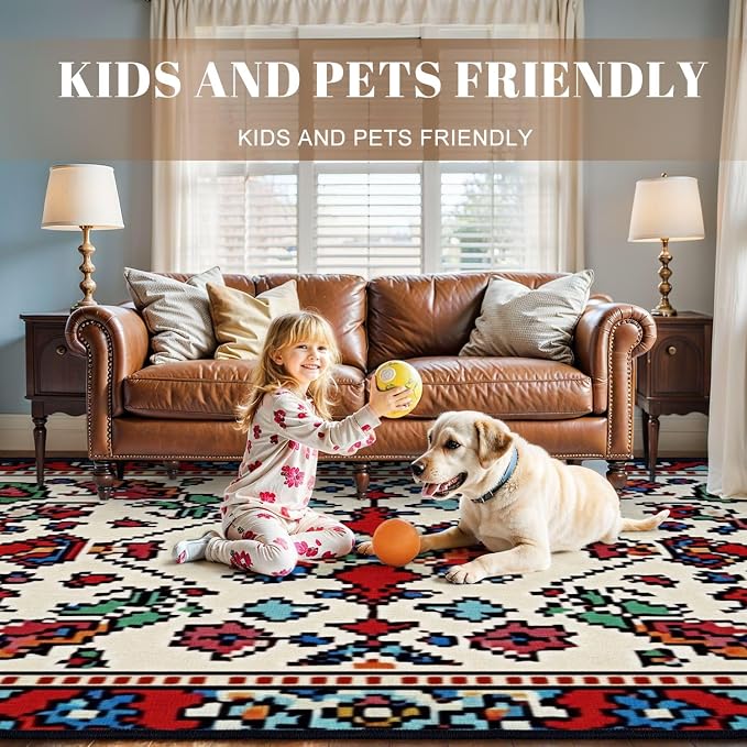 8x10 Area Rugs for Living Room Colorful Oriental Mosaic Traditional Geometric Ornament Floral Motifs Washable Large Area Rug for Bedroom Non Slip Outdoor Carpets Soft Mats Kitchen Home Office Decor
