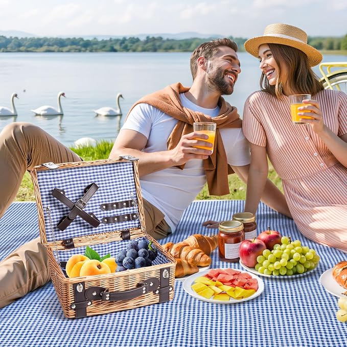 Picnic Basket Set for 2, Wicker Picnic Baskets with Waterproof Blanket and Cutlery Service Kit, Willow Hamper for Camping, Outdoors, Valentine's Day, Christmas, Birthday, Wedding Gift