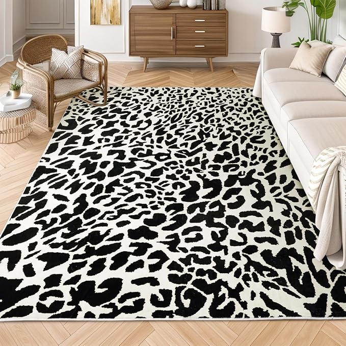 Leopard Rug for Living Room, Black and White Cute Cheetah Print Rug Modern Washable Animal Printed Rugs for Bedroom, Girls Boys Dorm Room Nursery Room, Playroom, 8x10
