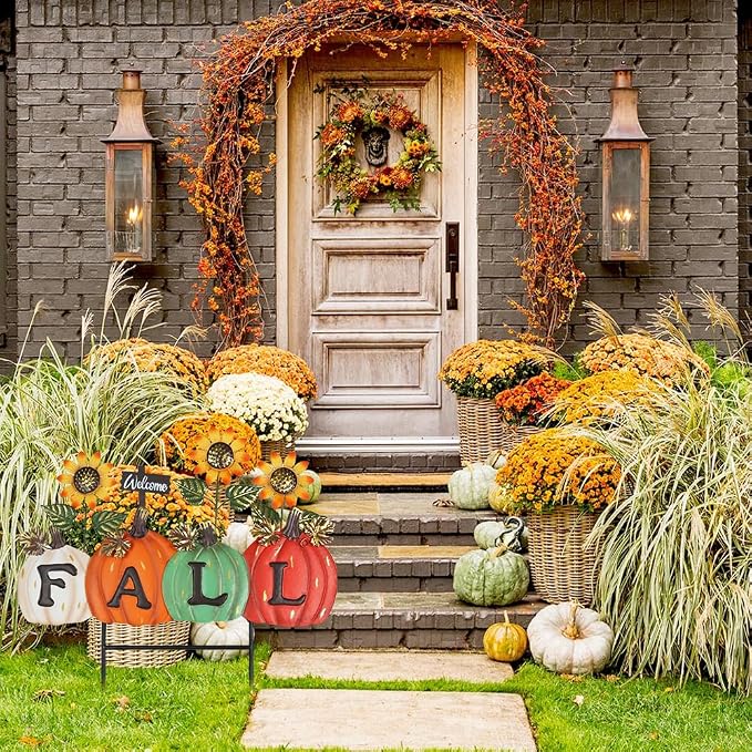YEAHOME Fall Decorations Outdoor, Fall Letter Pumpkin Decorative Garden Stakes with Sunflower for Fall Decor, Metal Yard Signs for Home Outside Garden Lawn Porch Thanksgiving Decorations