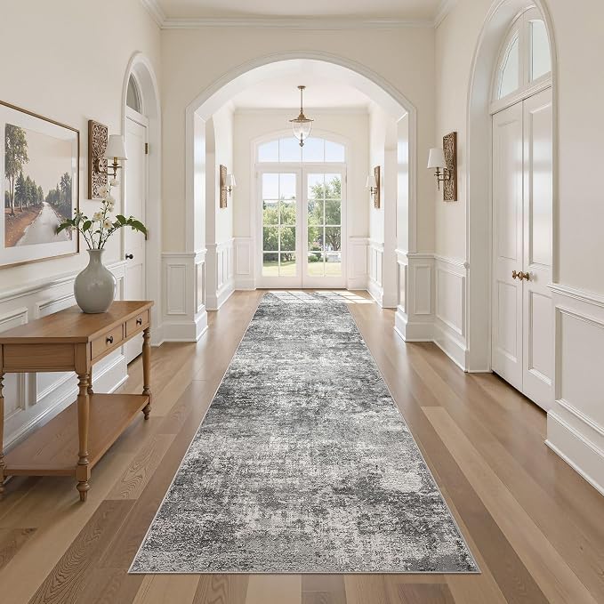DMOYEST 3x12 Washable Runner Rug for Hallway Abstract Soft Carpet Runner | Neutral Modern Low Pile Area Rug Kid & Pet Friendly Non-Slip Carpet for Entryway Kitchen Dining Room - Grey