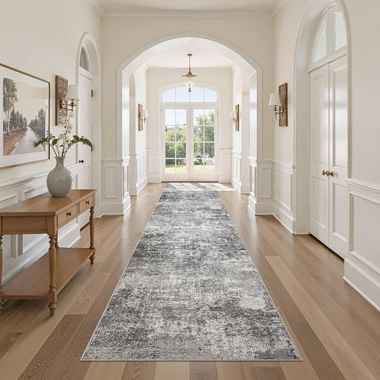 DMOYEST 3x12 Washable Runner Rug for Hallway Abstract Soft Carpet Runner | Neutral Modern Low Pile Area Rug Kid & Pet Friendly Non-Slip Carpet for Entryway Kitchen Dining Room - Grey