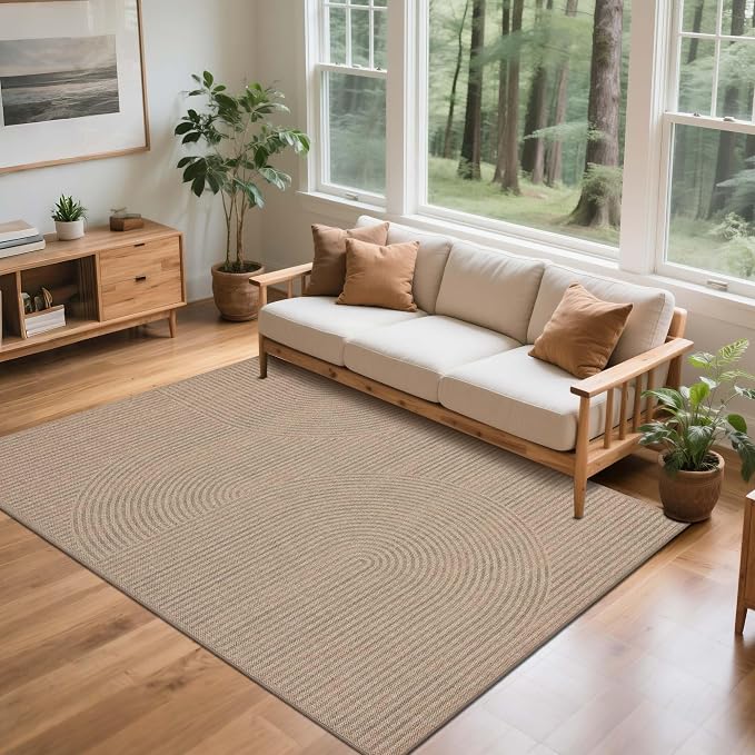 Easy Jute Rug 5x7 Outdoor: Natural Area Rugs for Patio Linen-Look Fabric Durable - Washable Carpet for Living Room Bedroom - Swirl Curved Pattern
