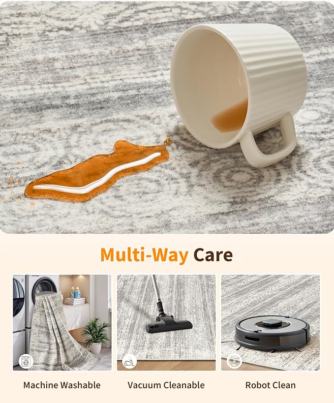 Miukiki 6x9 Area Rug Washable Non Slip Rug for Living Room Grey | Soft Low Pile Washable Area Rug Bedroom Dining Room, Stain Resistant Carpet with Easy Care Design 6'x9'