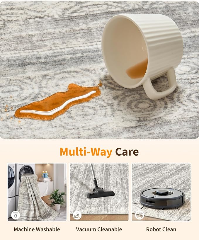 Miukiki 5x7 Washable Area Rug for Living Room, Soft Non Slip Rug Grey | Non-Slip Thin Throw Rug for Bedroom Kitchern Dining Room Office, Low Pile Indoor Floor Carpet with Vintage Pattern 5'x7'