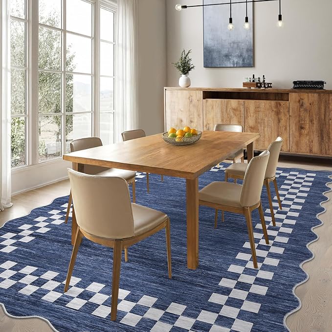 GarveeHome Washable Rug 5x7 for Living Room Large Bedroom Scalloped Rug | Non Slip Stain Resistant Modern Border Throw Carpet Soft Neutral Rug for Dining Room Nursery Home Office, Blue