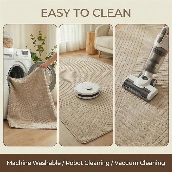 Brown Geometric 5x7 Solid Area Rug, Washable for Living Room Bedroom | Ultra Soft Thick Boho High-Low Pile Textured Indoor Carpet, Fluffy, Non-Slip Rugs for Bedside, Kids Room, Nursery,Home Office