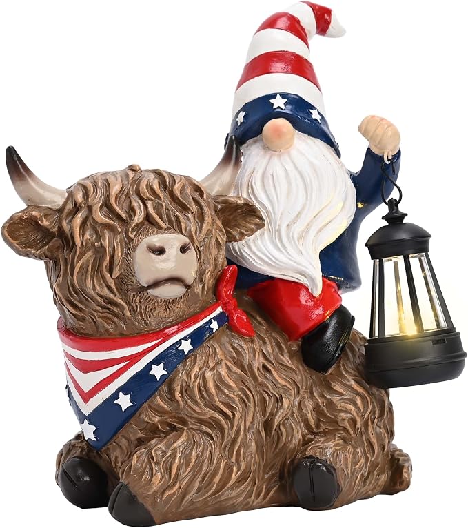TERESA'S COLLECTIONS 4th of July Highland Cow Gnome Decorations with Solar Lantern, Memorial Day Resin Garden Yak Figurine for Home, Patriotic Independence Day USA 250th Anniversary Outdoor Decor 10"