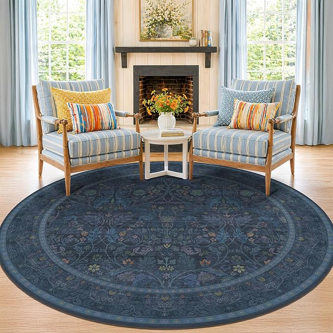 Washable 8ft Large Round Area Rug for Living Room, Moody Navy Botanical Floral Circle Carpet, Vintage Traditional Floor Rug for Dining Room Under Table, Non-Slip Stain Resistant for Bedroom