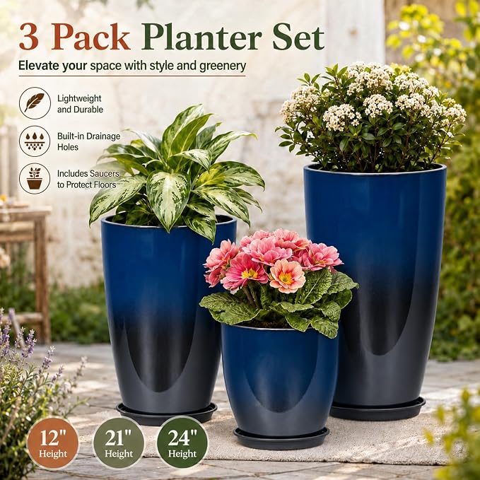 Neoaider Set of 3 Tall Planter, 24/21/12in Large Plastic Planter, Dark Blue | Ceramic-Look, Lightweight, Built-in Drain Hole, Saucers, Tall Outdoor Planter for Porch, Garden, Patio, Balcony