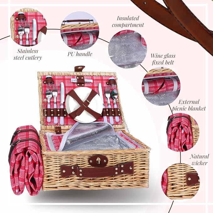 Picnic Baskets Wicker Willow Picnic Set for 4 Persons with Insulated Cooler Bag and Waterproof Pink Plaid Picnic Blanket Gift for Christmas Thanksgiving Wedding Birthday Camp Outdoor Beach Travel