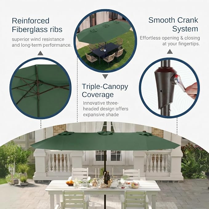15FT Large Patio Umbrella with Base Included, Double Sided Outdoor Market Umbrella with Flexible Fiberglass Ribs, UV-Blocking Extra Large Umbrella for Garden, Pool, Deck, Forest Green