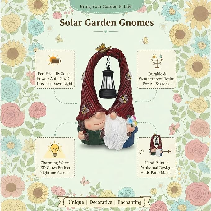 Couple Gnome Figurine with Solar Lantern Gnome Lamp Decor Garden Statue Outside Outdoor Yard Housewarming Gifts for Mom Women Grandma Valentine's Day Anniversary