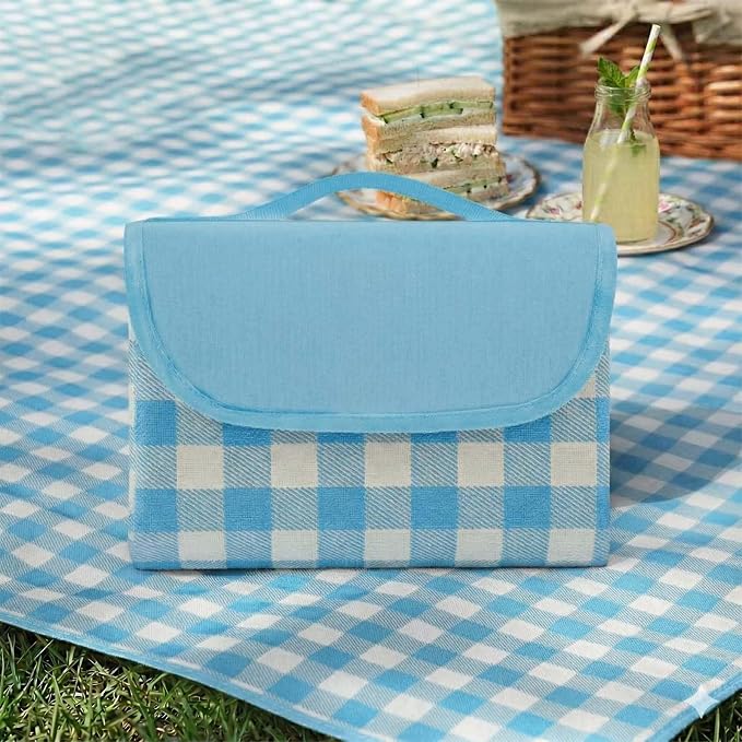 Waterproof Foldable Picnic Blanket Outdoor with Carry Strap,80"x80" Extra Large Beach Blanket Sandproof,Portable Soft Gingham Picnic Mat for Camping Travel Hiking Family Concerts Park(Blue)