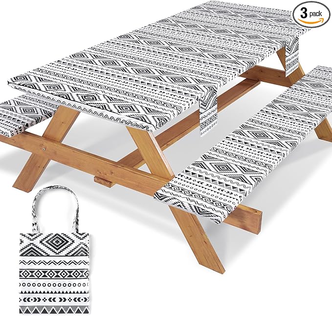 Jobunai Picnic Table Cover with Bench Covers Fitted Waterproof Large Camping Tablecloth with Elastic for 8 Foot Tables Outdoor Travel RV Essentials Summer Vacation Accessories Fun Gifts for Couples