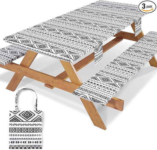 Jobunai Picnic Table Cover with Bench Covers Fitted Waterproof Large Camping Tablecloth with Elastic for 8 Foot Tables Outdoor Travel RV Essentials Summer Vacation Accessories Fun Gifts for Couples