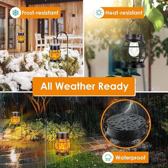 TomCare Solar Lanterns Flickering Flame Solar Lights Outdoor Waterproof Metal Hanging Lantern Lighting Solar Powered Lanterns for Decorative Outdoor Patio Porch Garden Lawn,2 Pack