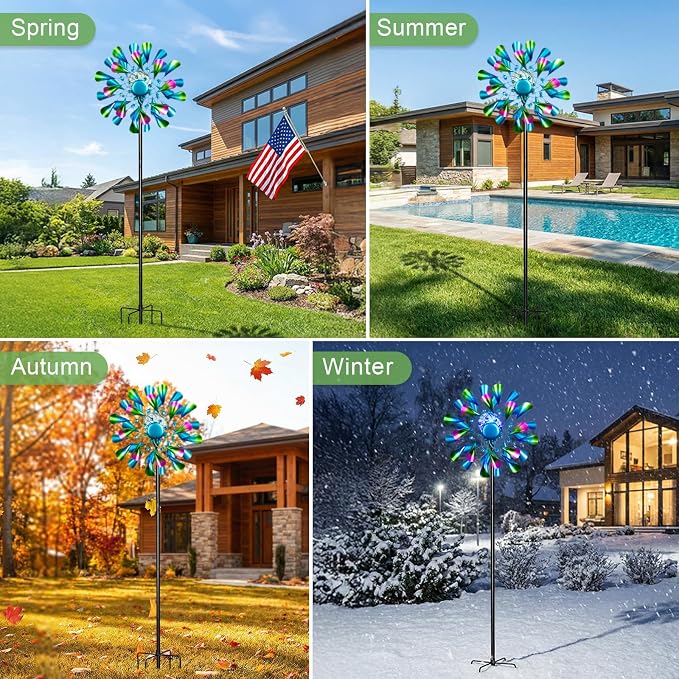60'' Wind Spinner with Color Glass Ball Solar Lights, Green Peacock Feathers Metal Garden Outdoor Decor Yard Lawn Art Decor for Patio Kinetic Windmills Unique Gifts for Friends and Family
