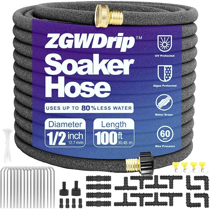 100FT 1/2" Water-Saving Soaker Hose with Solid Brass Connectors, Drip Irrigation Kit for Lawn & Landscaping with Metal Ground Stake & Accessory Kit