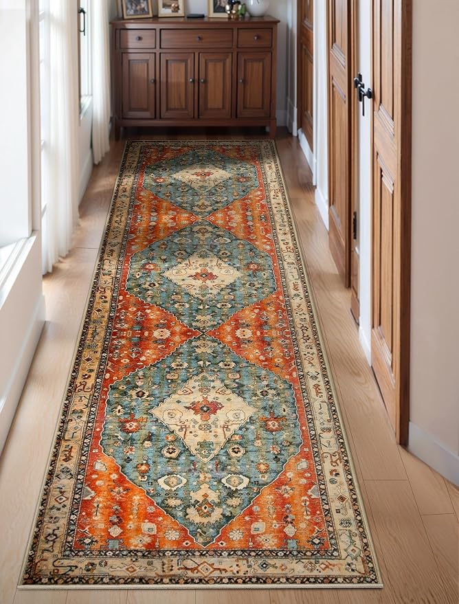 SERISSA 2'6"x10' Washable Non Slip Boho Runner Rug for Hallway | Ultra Soft Vintage Oriental Carpet Low-Pile Tribal Floor Carpet for Kitchen Bedroom Bathroom Laundry Room