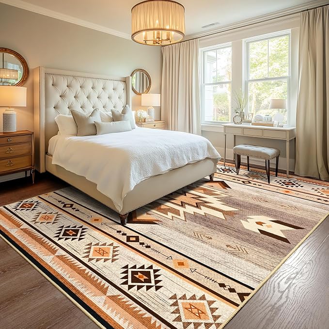 BENRON Western Area Rugs for Living Room Bedroom 6x9, Washable, Warm Beige | Non Slip Large Southwest aztec Rugs for Dining Table Kitchen Home Decor