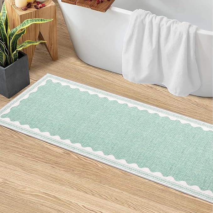 2x6 Scalloped Runners Green Washable Hallways Bedroom Rug | Solid Non Slip Scalloped Bath Runner, Rugs for Bedroom Girls, Rugs for Kitchen Floor Soft Dorm Nursery Carpet for Bedside