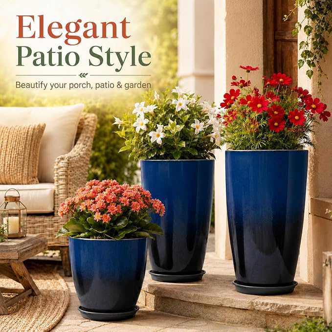 Neoaider Set of 3 Tall Planter, 24/21/12in Large Plastic Planter, Dark Blue | Ceramic-Look, Lightweight, Built-in Drain Hole, Saucers, Tall Outdoor Planter for Porch, Garden, Patio, Balcony