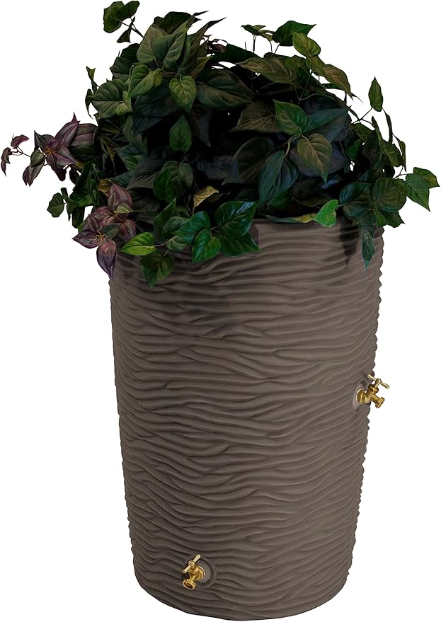 Good Ideas Impressions 50-Gallon Rain Saver Barrel Faux Palm Trunk Surface, Dual Spigot Locations with 2 Brass Spigots and Screen, Oak
