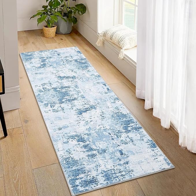 ROYHOME Modern Abstract 2x8 Runner Rug Non Slip Non Shedding,Light Blue | Low Pile Stain Resistant Rug for Hallway Kitchen Bedroom Non Shedding