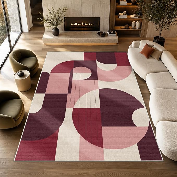 5x7 Burgundy and Pink Geometric Area Rug for Living Room Bedroom Dark Abstract Modern Large Rug Machine Washable Non-Slip Carpet for Dining Room Office