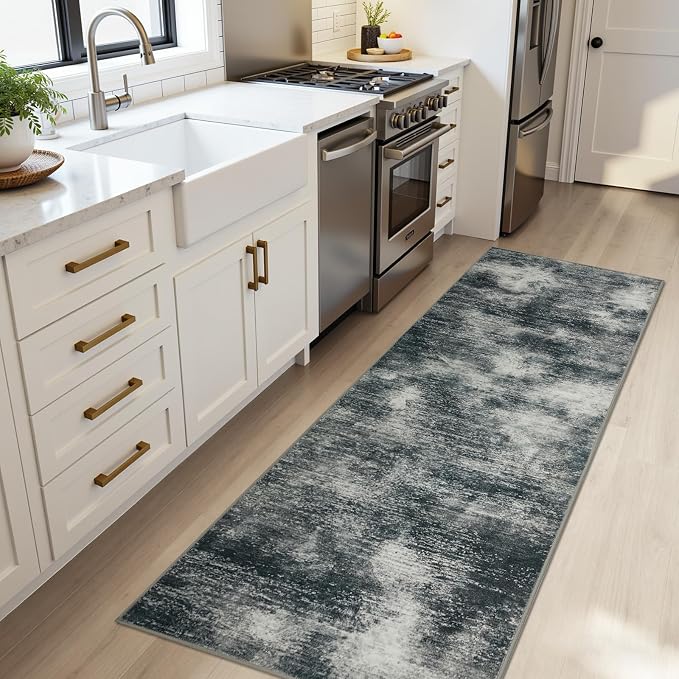 Joydeco 2x6 Washable Runner Rug for Hallway, Modern Abstract Non-Slip Soft Rugs, Low Pile Carpet for Entryway, Bedroom, Kitchen, Laundry, Light Gray & White & Dark Gray