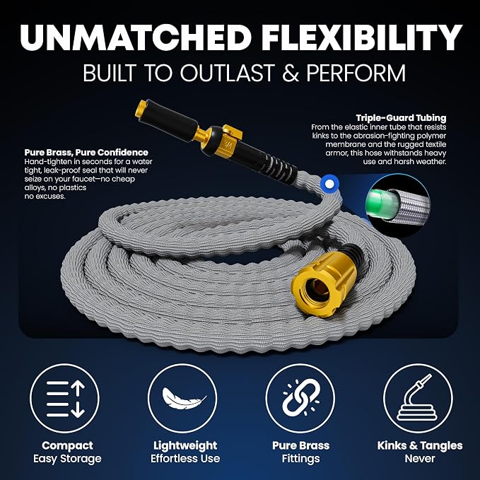 TITAN Flexible Garden Hose 10FT – Ultra Lightweight, Heavy Duty Water Hose with Brass Fittings & Jet Nozzle – Kink-Free, Non-Expanding, Durable Fabric Hose for Yard, Lawn, Car Wash, Outdoor Use