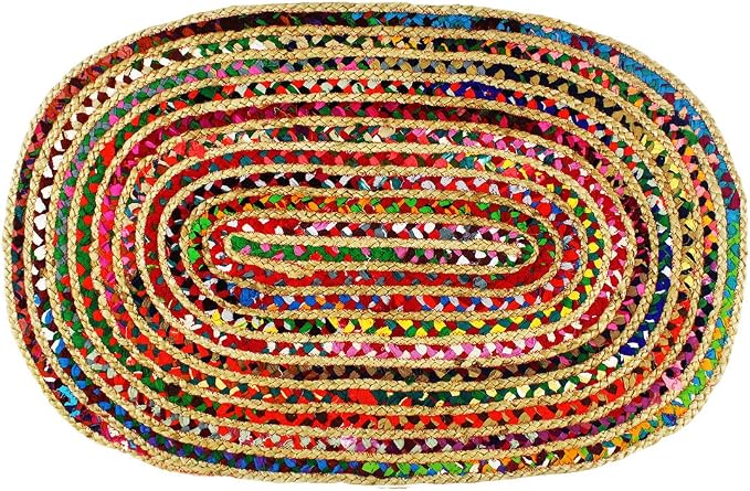 COTTON CRAFT Jute Chindi Braid Rag Rug - 4x6 Ft Oval Multi Color Area | Handwoven Reversible Jute & Natural Recycled Cotton Boho Farmhouse Rustic Area Accent Rug - Living Room Carpet Home Décor