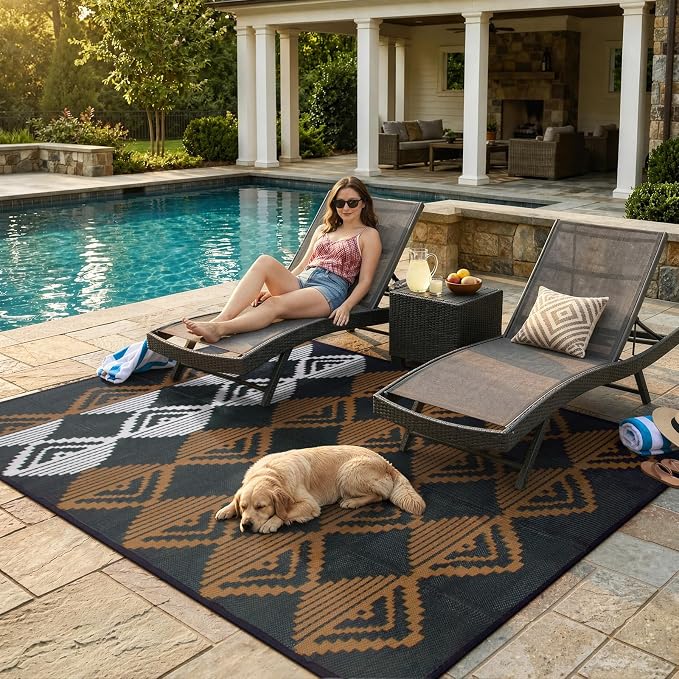 Beeiva RV Outdoor Rug 6x9 Waterproof for Camping, Reversible Plastic Straw Rug for Camper, Porch, Balcony, Foldable Outdoor Mat Black Brown