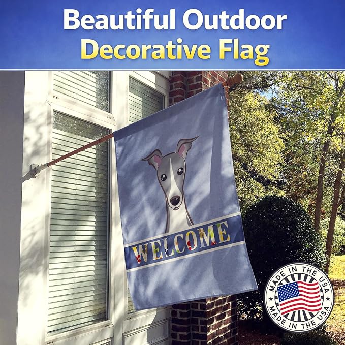 Caroline's Treasures BB1422CHF Italian Greyhound Welcome House Flag, Blue Large Porch Sleeve Pole Decorative Outside Yard Banner Artwork Wall Hanging, Polyester, House Size, Multicolor